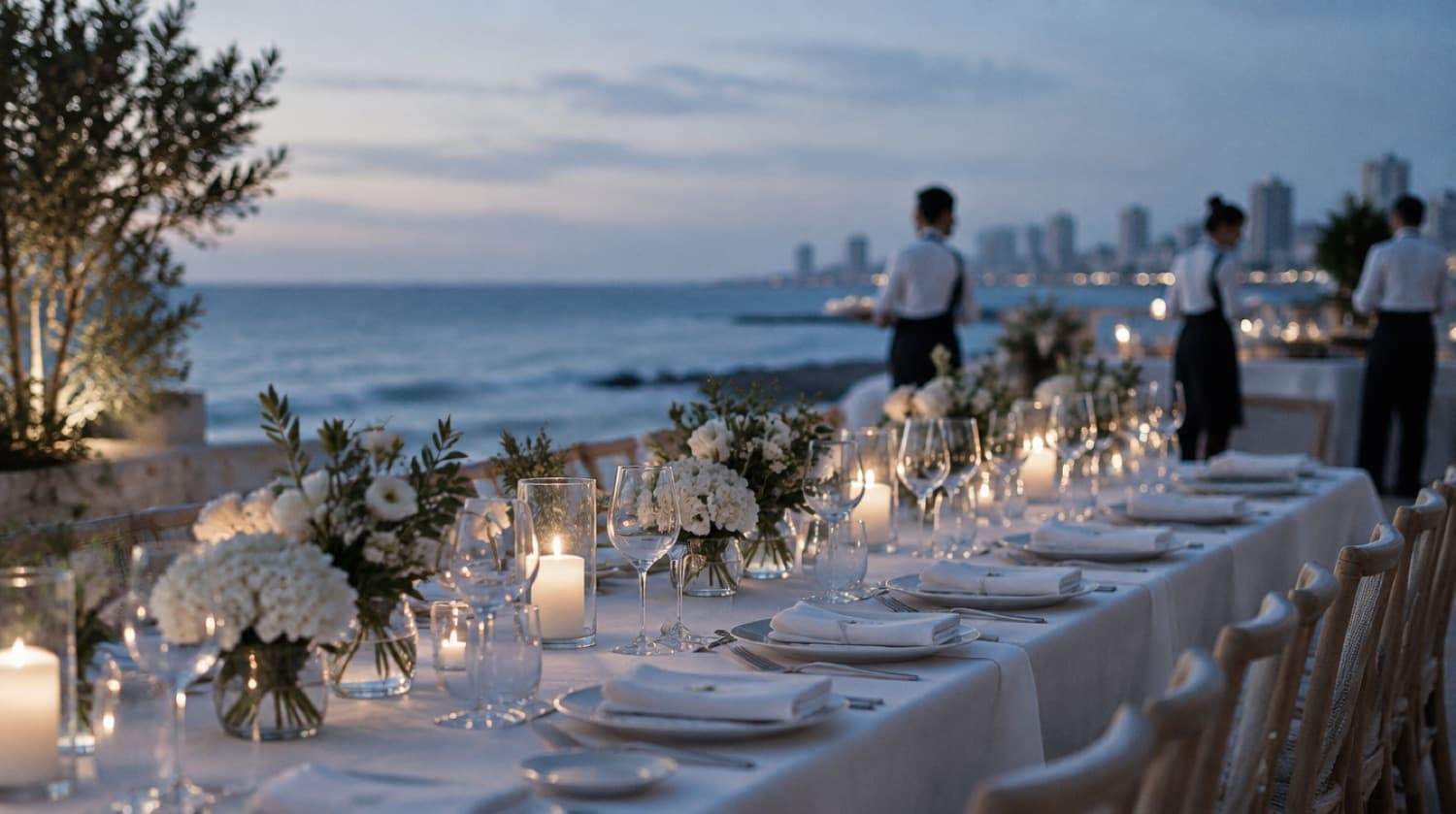 Mesa de evento montada frente al mar en Punta del Este